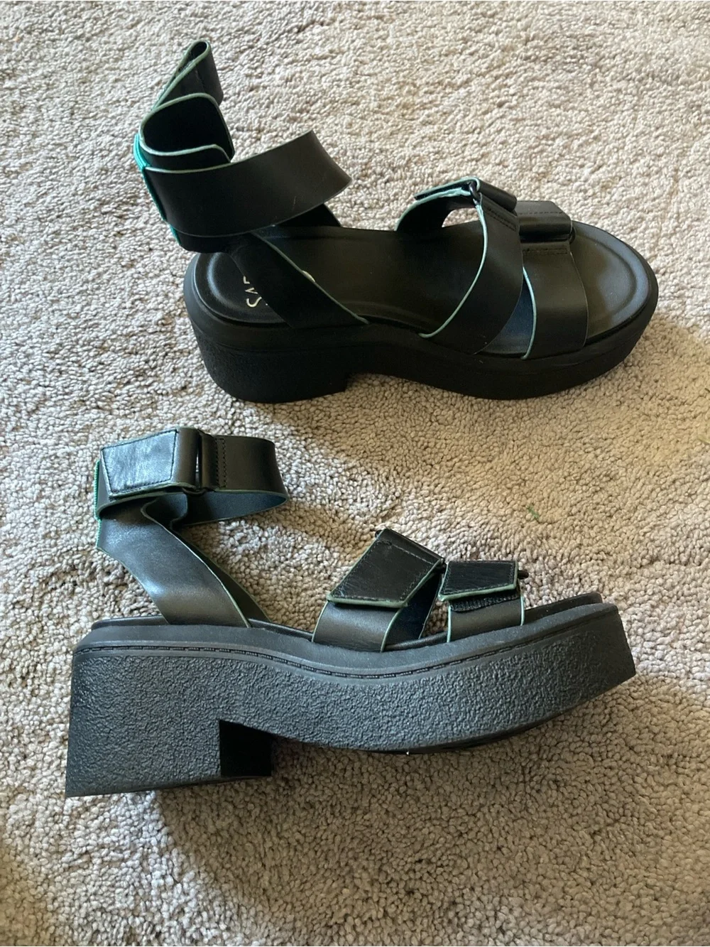 Franco Sarto Black Platform Ankle-Strap Sandals with Green Trim